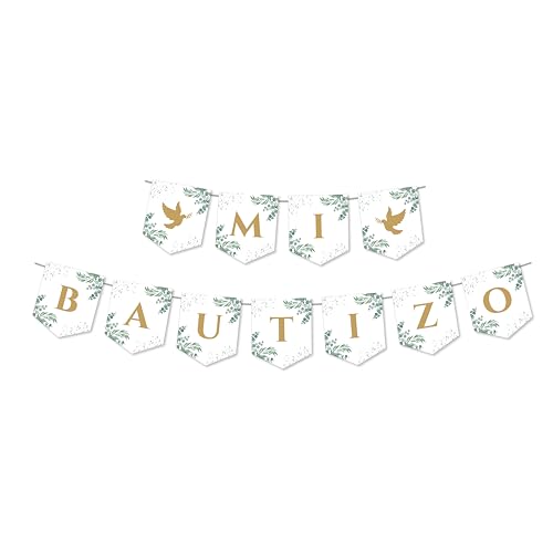 Guirnalda de Banderines Mi Bautizo, Papel Couché 200g, Decoración para Ceremonia, 12,5 x 15 cm