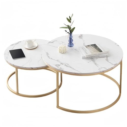 Ginhow Mesa de café MDF Moderna - encimera de mármol Blanco y Estructura metálica Dorada - Juego de 2 Piezas para Redonda (Mesa té + Mesa Lateral) -Ø70 x H45 cm +Ø50 x H35 cm