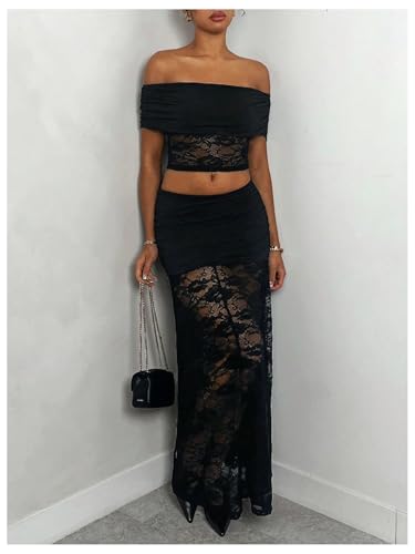 Women's Lace Maxi Skirts Y2k Ruched Sheer Mesh Drop Waist Long Skirt4