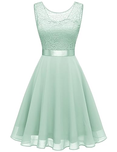 Berylove Women's Light Green XS Sleeveless Lace Chiffon Cocktail Dress for Wedding Guest, Maxi Length