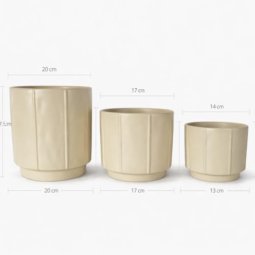 Image of Xtore Linea Ceramic Planter Set | Minimal Straight-Line Plant Pots for Home & Office Decor - (Set of 3, Cream, Planter ONLY)