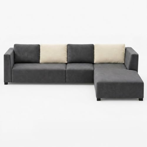Image of FURNY Olympus 6 Seater RHS L Shape Sofa Set | Plush Velvet Suede Fabric | Modern Design | Soft Comfort Dual Color Cushions for Living Room, Office & Hotels (Dark Grey-Cream)