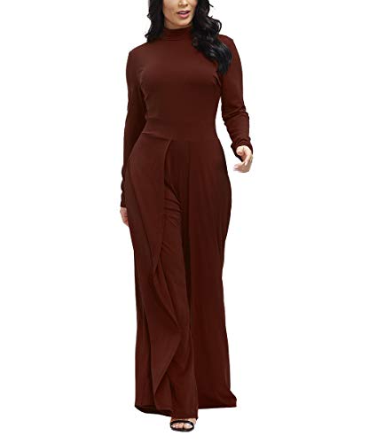 Ophestin Womens Long Sleeve Round Neck Jumpsuit For Work Wide Leg Pants Rompers Burgundy Size M #TOP1
