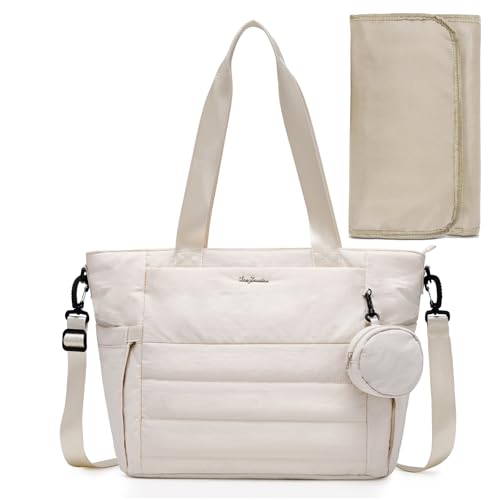 Image of LONG VACATION Large Baby Diaper Tote, Waterproof Travel Tote with Pacifier Case And Changing Pad (White)