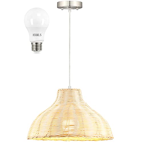 HXMLS Pendant Light, Hand-Woven Rattan Wicker Bamboo Pendant Hanging Light Fixture,Farmhouse Hanging Pendant Ceiling Light Fixtures for Kitchen Island Dining Room Restaurant Craft Room(Bulb Included)…