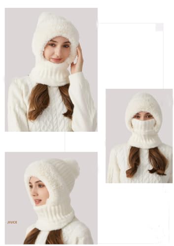 PQIQP Warm Fleece Fluffy One-Piece Face Mask Neck Scarf Knit Hat for Men and Women - Winter Cold Weather Protection, Soft & Cozy (White)