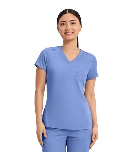 Image of Med Couture Women's V-Neck Scrub Top, Modern Fit Tuck-in Top with Stretchy Rib-Knit Shoulders and Chest Pocket - MC7448