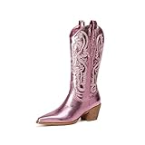 FVEPOMM Women's Embroidered Western Cowboy Boots Mid Tube Pointed Toe Chunky Heel Shiny Vintage Fashion Knee Boots