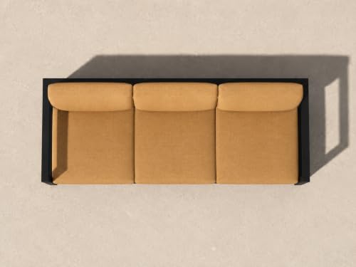 Image of Modern 3-Seater Sofa with Beige Cushions & Black Metal Frame Set Upon a Sturdy Black Metal Geometric Base Frame.