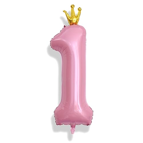 Image of Crown Pink Number 1 Balloon for Girls 1st Birthday Party, 40 Inch Large Number Foil Helium Pastel Pink Balloons 0-9, for Women 10th Birthday Party Baby Shower Anniversary Party Decoration Supplies