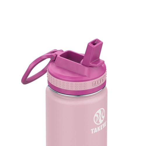 Image of Takeya Actives Kids Water Bottle with Straw Lid - Stainless-Steel Double Wall Insulation - BPA-Free Bottle Lid with Carry Handle - Reusable Bottle with Straw Lid - 16 oz, Blush / Super Pink