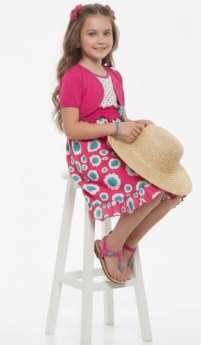 Image of ToBeInStyle Girls Two Piece Short Sleeve Dress and Matching Bolero Crop Cardigan Assorted Prints Cotton Blend Summer Outfit