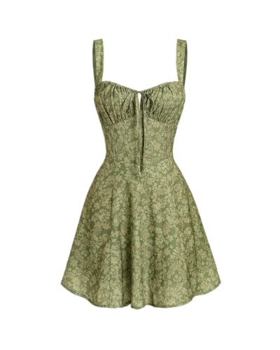 Women Summer Dresses Vintage Square Neck Adjustable Bust Floral Dress Short Sleeve A-Line Dress Strap