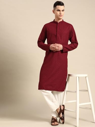 Image of Rajubhai Hargovindas Men Pure Cotton Chikankari Embroidered Straight Kurta