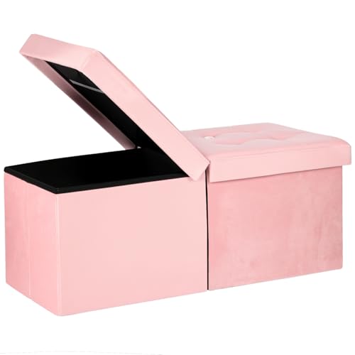 Folding Ottoman Bench with Storage - 34Inches Teddy Velvet Foot Stool Ottoman Bench Padded Seat Storage Chest Blanket Store for Entryway Livingroom and Bedroom Pink (34 D x 13 W x 13 H)