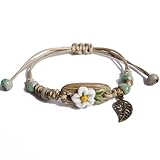 Zlanderah Handcrafted Bohemian Ceramic Flower Bracelet with Leaf Charm, Adjustable Beaded Bracelet for Women, Unique Handmade Jewelry Gift Mom Wife Friends Nature Lovers