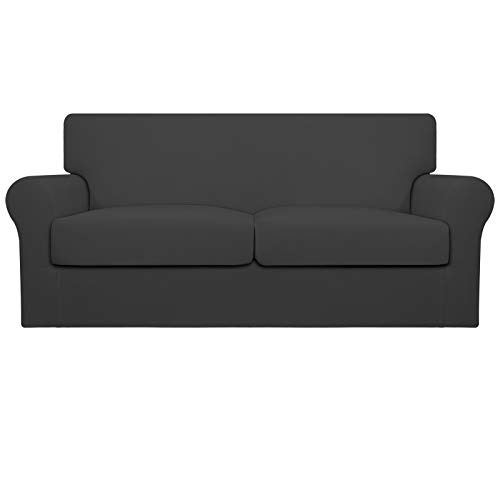 Image of Easy-Going Oversized 3 Pieces Stretch Fleece Soft Loveseat Sofa Couch Cover for Pets - Washable Sofa Slipcover for 2 Separate Cushion Couch - Elastic Furniture Protector for Dogs, Kids, Dark Gray