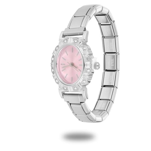 papasgix Italian Charm Bracelet Gold Silver Watches for Women Men Watch Charm Bracelet Band Oval Diamond Watch Italian Charms Watches Compatible with 9MM Italian Bracelets Charms Silver Pink