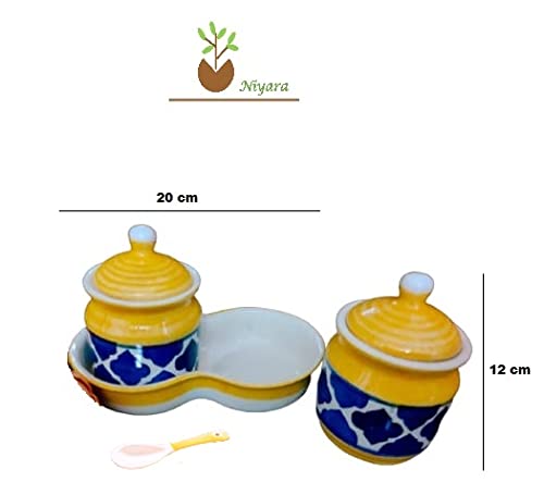 Image of Niyara Multipurpose Storage Ceramic Pickle set Jars & with Lid & tray & (Set of 2, 300 ML) (Yellow)