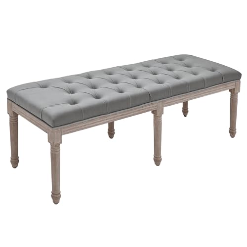HOMCOM Bedroom End of Bed Bench, 56' Upholstered Entryway Bench with Button Tufted, Thick Padding and Wood Legs, French Vintage Style Linen-Feel Ottoman Bench for Hallway, Living Room, Gray