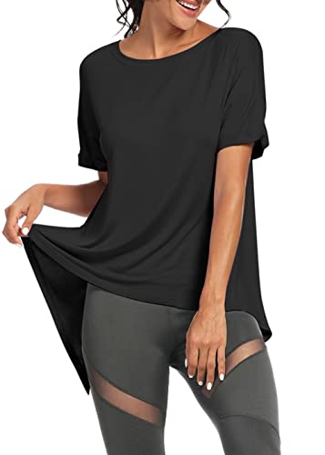 Bestisun Open Back Workout Tops Backless Shirts Athletic Tops Gym Summer Clothes For Women Black M #TOP4