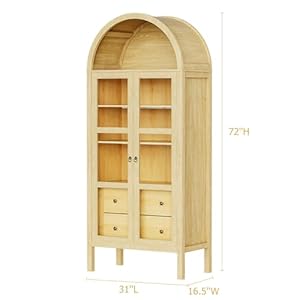 Roomtec modern arched cabinet with glass doors72 tall auto sensor light farmhouse arch storage cabinet with height adjustable shelf and 2 drawers display bookshelf in original oak wood grain  urban country home decor