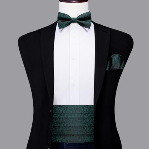 Image of Dubulle Mens Cummerbund and Bow Tie Set Paisley Floral Pretied Bowties for Men Pocket Square Cufflinks Wedding Business