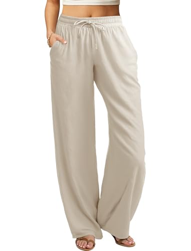 keriffe Women's Linen Summer Casual Pants Loose Fit Beach Pants High Waist Drawstring Wide Leg Palazzo Trousers Pockets Khaki