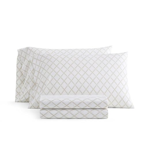 Image of Martha Stewart - Full Size Sheet Set, Crisp & Tailored Sheets with a Smooth Cotton Percale Feel - Striped Bed Sheets with Matching Pillowcases & Fitted Sheet (Leaf Trellis Beige)