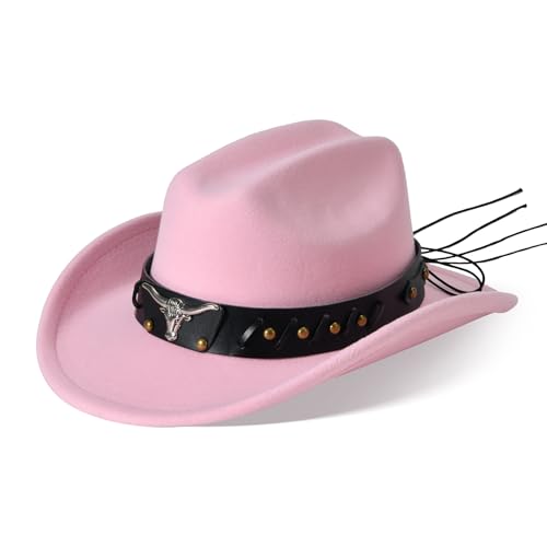 Image of Willheoy Kids Cowboy Hat for Girls Boys Western Cowgirl Hat with Buckle Belt Unisex Wide Brim Fedora Hat Dress Up Costume