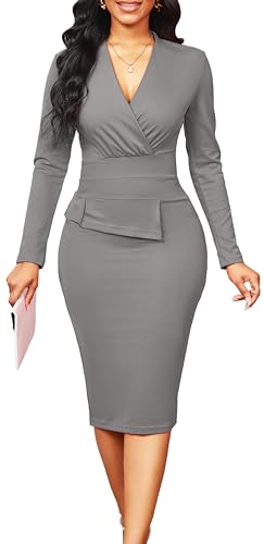 Image of SxClub Business Dresses for Women Elegant Long Sleeve Bodycon Pencil Knee Length Formal Dress for Evening Cocktail
