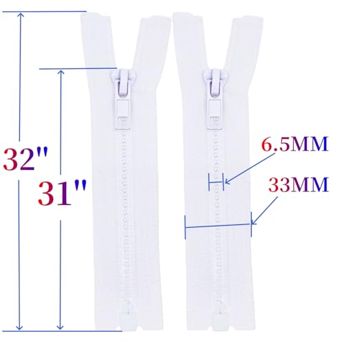 Image of MebuZip 2PCS #5 31 Inch Separating Jacket Zippers Resin Zipper Molded Plastic Zippers Bulk for Sewing Coat Jackets Clothes (White)