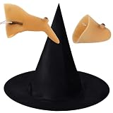 Witch Costume Accessories Set, 3 Pcs Kit with Black Witch Hat, Latex Prosthetic Nose and Chin, Halloween Dress Up Party Outfit for Adults and Kids