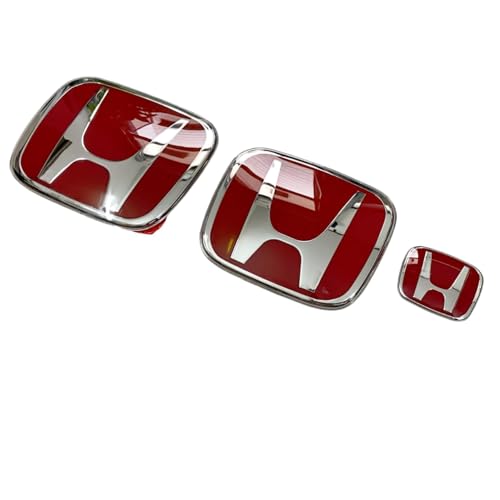 Image of RoadReligion JDM Red H Mugen Logo Emblem Set - Front Grill, Rear Trunk & Steering Wheel Badge (Pack of 3) | Type R Style OEM Replacement Logos