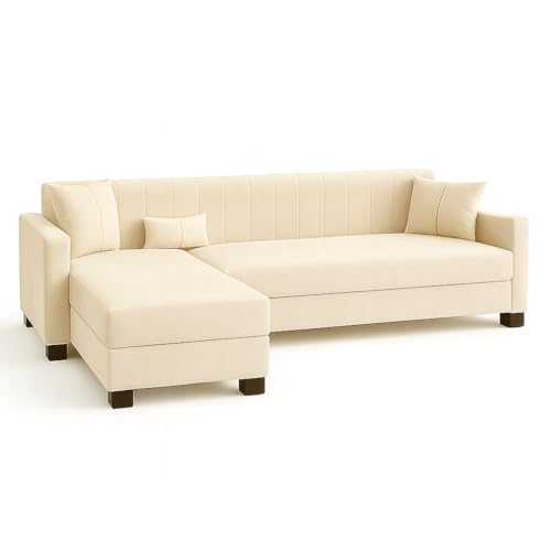 Image of SOCOZI Almeria 5 Seater LHS L Shape Sofa Set | Soft Velvet Suede Fabric | Modern Design | Plush Comfort Cushions for Living Room (Cream)