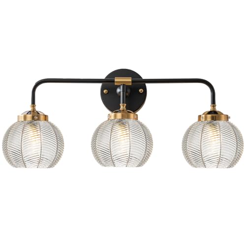 Image of Bathroom Vanity Light Fixture 3 Light Glass Globe Wall Sconce Lights | Black Wall Mount Light Fixtures with 5.9in Clear Glass Shade, Mid Century Modern Wall Sconce for Over Mirror Bedroom Hallway