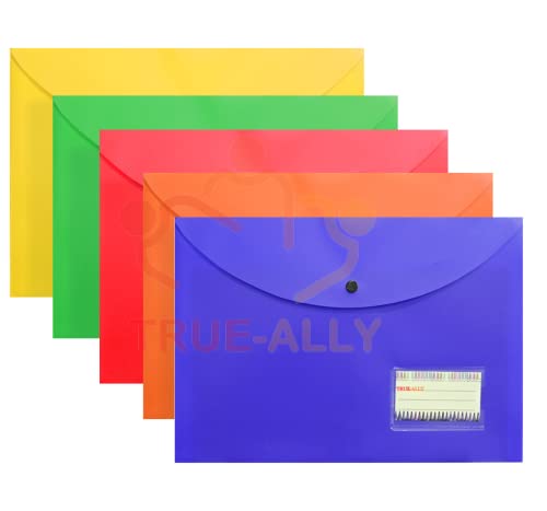 Image of True-Ally 5 Pcs Bright Color Envelope Folder, Poly-Plastic A4 Documents File Storage Bag with Snap Button Certificate File Holder Document Folder for Certificates (Mix Color), Multi-Coloured