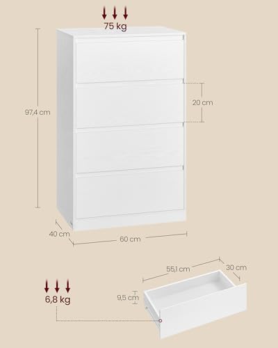 VASAGLE Kommode mit 4 Schubladen, Komodenschrank, Schubladenschrank, Wäschekommode, für Schlafzimmer, 40 x 60 x 97,4 cm, Modern Kailyn Kollektion, schneeweiß LTS614WE02