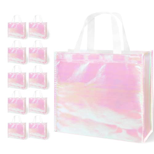 LadyRosian 12 Pcs Reusable Glossy Gift Bag, Non-woven Tote Grocery Bag with Handle, Foldable Party Favor Gift Bags