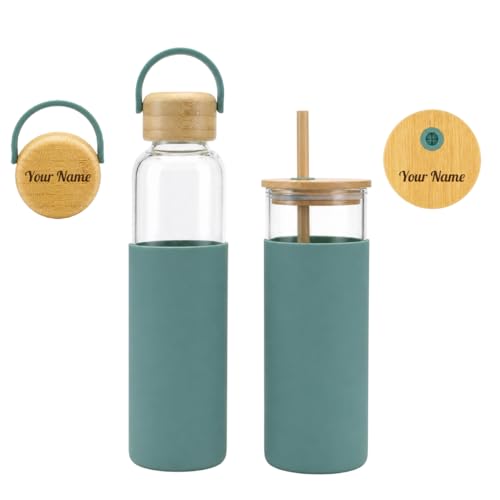 Image of Giftana Personalized Borosilicate Glass Water Bottle 500ml with Glass Sipper Tumbler 450ml, Reusable Leakproof Drinking Bottle with Silicone Sleeve, Eco-Friendly Bottle for Office Gym Travel (Green)