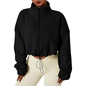 QINSEN Women’s Full Zip Fleece Short Jacket Warm Winter Long Sleeve Stand Collar Sherpa Crop Coat