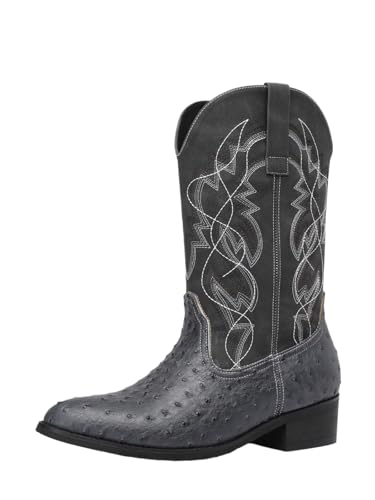 Western cowboy boots, ostrich leather, embroidered design, brown, mid-calf, men's antique ostrich embossed exotic western boots round head.