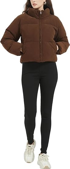 Image of Women's Corduroy Puffer Jacket, Cropped Zip-Up Winter Coat, Casual Outerwear