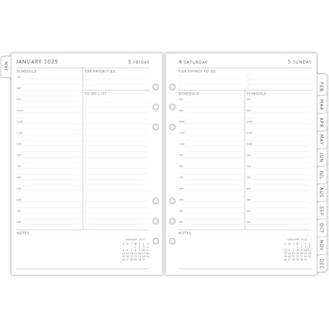 newestor 2025 Daily Planner Refills A5 Size, Filofax Compatible - Day Appointment Schedule & To-Do, Monthly Tabs, 6-Hole Punched Cover