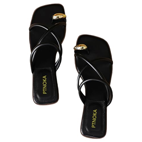 Women's Metal Toe Ring Strappy Flat Sandals Square Open Toe Comfortable Slip-On Low Heel Slide Sandals Summer Fashion Casual Beach Slipper