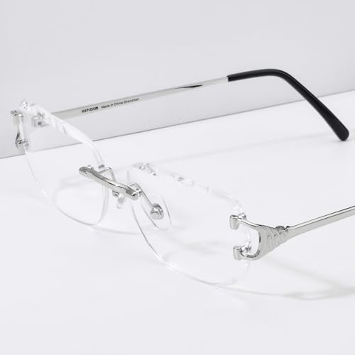 Image of HEPIDEM Vintage Style Rectangular Rimless Metal Eyeglasses for Men,New Frameless Zircon Diamonds Optical Glasses Frame
