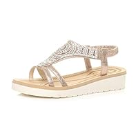 Ajvani Womens Ladies Low Wedge Heel Flatform Diamante t-bar Slingback Sandals - Rose Gold - 6 UK