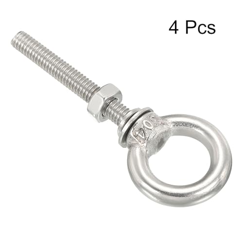 Image of uxcell M10x30 3 /8 inchx1.18 inch Stainless Steel Eye Bolts Threaded Screw Eyebolt Shoulder Ring with Nuts Washers for Lifting Hanging, 4 Set