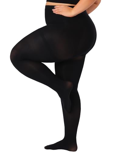 Image of Plus Size Opaque Tights for Women 240D Soft Solid Color Footed High Waist Control Top Pantyhose