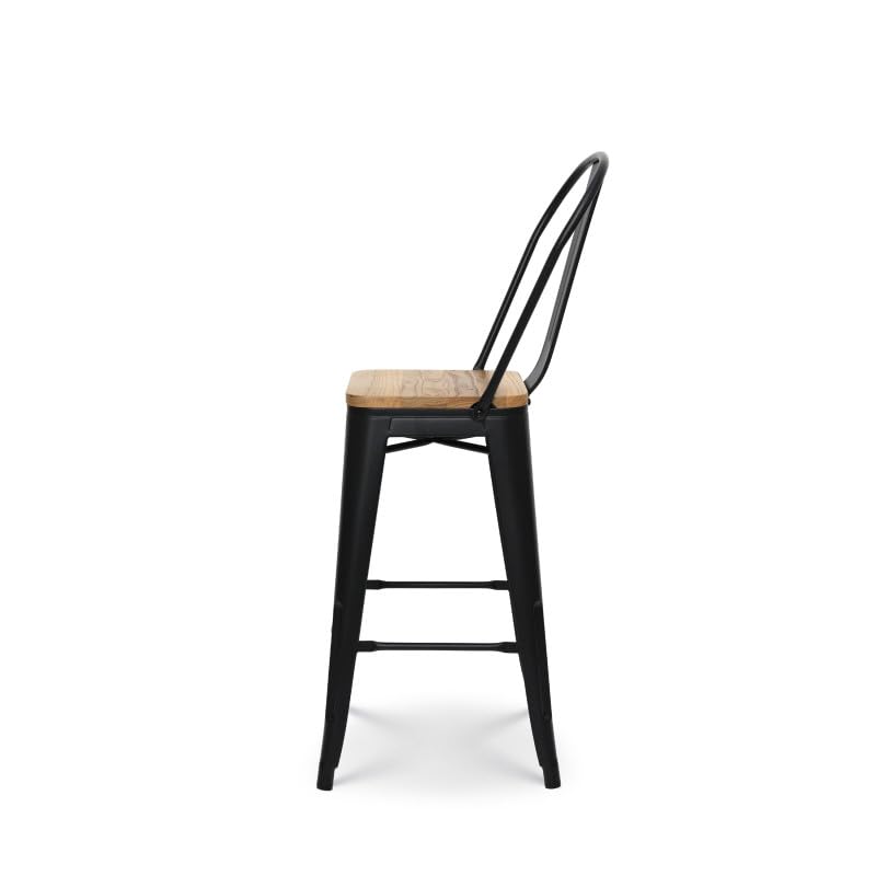 Kosmi - Lot de 4 tabourets de Bar Style Industriel en Métal Noir Mat avec Dossier Haut et Assise en Bois Clair - Hauteur d'Assise 66 cm